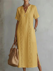 Damen-elegantes Leinen-Maxikleid mit seitlichem Schlitz und Kerbnahtkragen