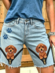 Damen-Jeansshorts mit Tiermotiv und Reißverschluss-Druck