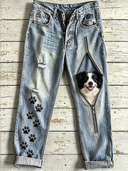 Damen-Jeans mit Tierhund-Motiv und Reißverschluss-Print