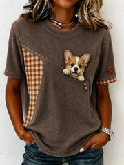 Damen-T-Shirt mit niedlicher Corgi-Filzkunst