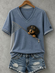 Damen-T-Shirt mit niedlicher Dackel-Filzkunst