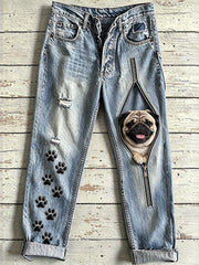 Damen-Jeans mit Tierhund-Motiv und Reißverschluss-Print