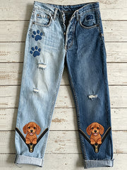 Damen-Jeans mit Tierhund-Motiv und Reißverschluss-Print