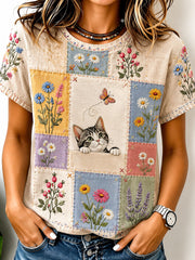 Damen-T-Shirt mit Katzen-Aufnäher-Print, lässig, kurzärmlig