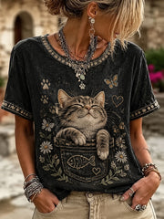 Damen-Katzen-Print-Kurzarm-T-Shirt