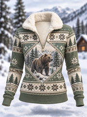 Damen-Winter-Kapuzenpullover aus Fleece im lässigen Stil mit Bären-Print