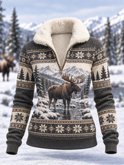 Damen-Winter-Kapuzenpullover aus Fleece im Alltagsstil mit Elch-Print