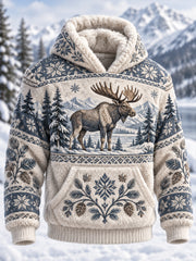 Übergroßes Kapuzenpullover für Herren mit nordischen Waldtieren und Taschen, Fleece-Kapuzenpullover