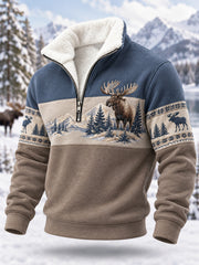 Herren-Winterpullover mit Elch-Print, lässig, aus Plüsch, mit Reißverschluss
