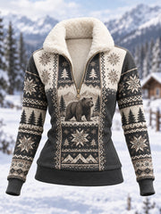 Damen-Winter-Kapuzenpullover aus Fleece im lässigen Stil mit Bären-Print