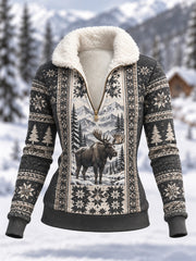 Damen-Winter-Kapuzenpullover aus Fleece im Alltagsstil mit Elch-Print