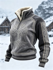 Damen-Viking-Bluse mit Lebensbaum und keltischem Knoten, Kontrastdruck und Pelzkragen