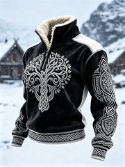 Damen-Viking-Bluse mit Lebensbaum und keltischem Knoten, Kontrastdruck und Pelzkragen