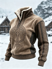 Damen-Viking-Bluse mit Lebensbaum und keltischem Knoten, Kontrastdruck und Pelzkragen