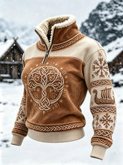 Damen-Top im Vintage-Stil mit Wikinger-Lebensbaum und keltischem Muster sowie Pelzkragen