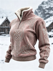 Damen-Viking-Bluse mit Lebensbaum und keltischem Knoten, Kontrastdruck und Pelzkragen