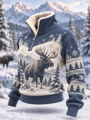 Damen-Winterpullover mit Elch-Print, lässig, aus Plüsch, mit Reißverschluss