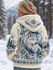 Damen-Fleece-Kapuzenpullover mit nordischen Waldtieren