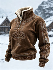 Damen-Top im Vintage-Stil mit Wikinger-Lebensbaum und keltischem Knotenmuster sowie kuscheligem Pelzkragen