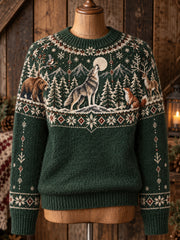 Damen-Strickpullover im nordischen Stil mit Tiermuster, Rundhalsausschnitt und langen Ärmeln