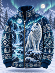Herrenjacke mit nordischem Waldtier-Print, Fleece-Innenfutter und Stehkragen mit Reißverschluss
