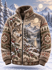 Herrenjacke mit nordischem Waldtier-Print, Fleece-Innenfutter und Stehkragen mit Reißverschluss