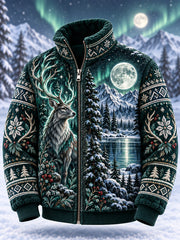 Herrenjacke mit nordischem Waldtier-Print, Fleece-Innenfutter und Stehkragen mit Reißverschluss