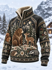 Damen-Sweatshirt mit langen Ärmeln, Fleece-Innenfutter und nordischem Waldtier-Design