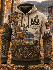 Grafischer Kapuzenpullover für Herren mit Jagdmotiv und deutschem Slogan