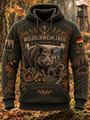 Grafischer Kapuzenpullover für Herren mit Jagdmotiv und deutschem Slogan