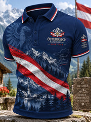 Herren-Poloshirt mit Nationaltag-Gedenkdruck und kurzen Ärmeln