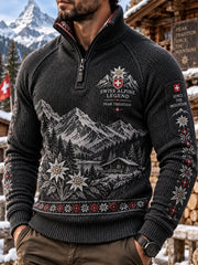Herren-Sweatshirt mit Raglanärmeln und Mock-Neck, langärmlig, im Alpin-Stil bedruckt