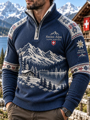 Herren-Sweatshirt mit Raglanärmeln und Mock-Neck, langärmlig, im Alpin-Stil bedruckt