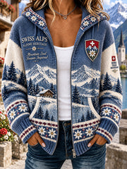 Damen-Strickkapuzenpullover mit alpinem Muster