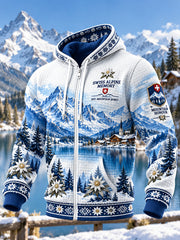 Herren-Kapuzenjacke aus waffelformigem Strick mit alpinem Grafikdruck