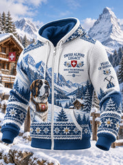 Herren-Kapuzenjacke aus waffelformigem Strick mit alpinem Grafikdruck