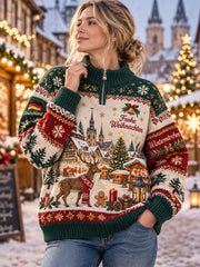 Damen-Strickpullover mit Rundhalsausschnitt und weihnachtlichem Print