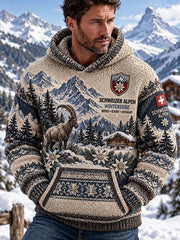 Herren-Winter-Kapuzenpullover aus gestricktem Material mit alpinem Gedenkmotiv