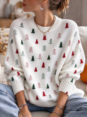Weihnachtsbaum-Strickpullover für Damen mit Rundhalsausschnitt