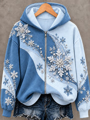 Weiblicher Weihnachts-Schneeflocken-Kunstdruck-Kapuzenpullover mit Reißverschluss